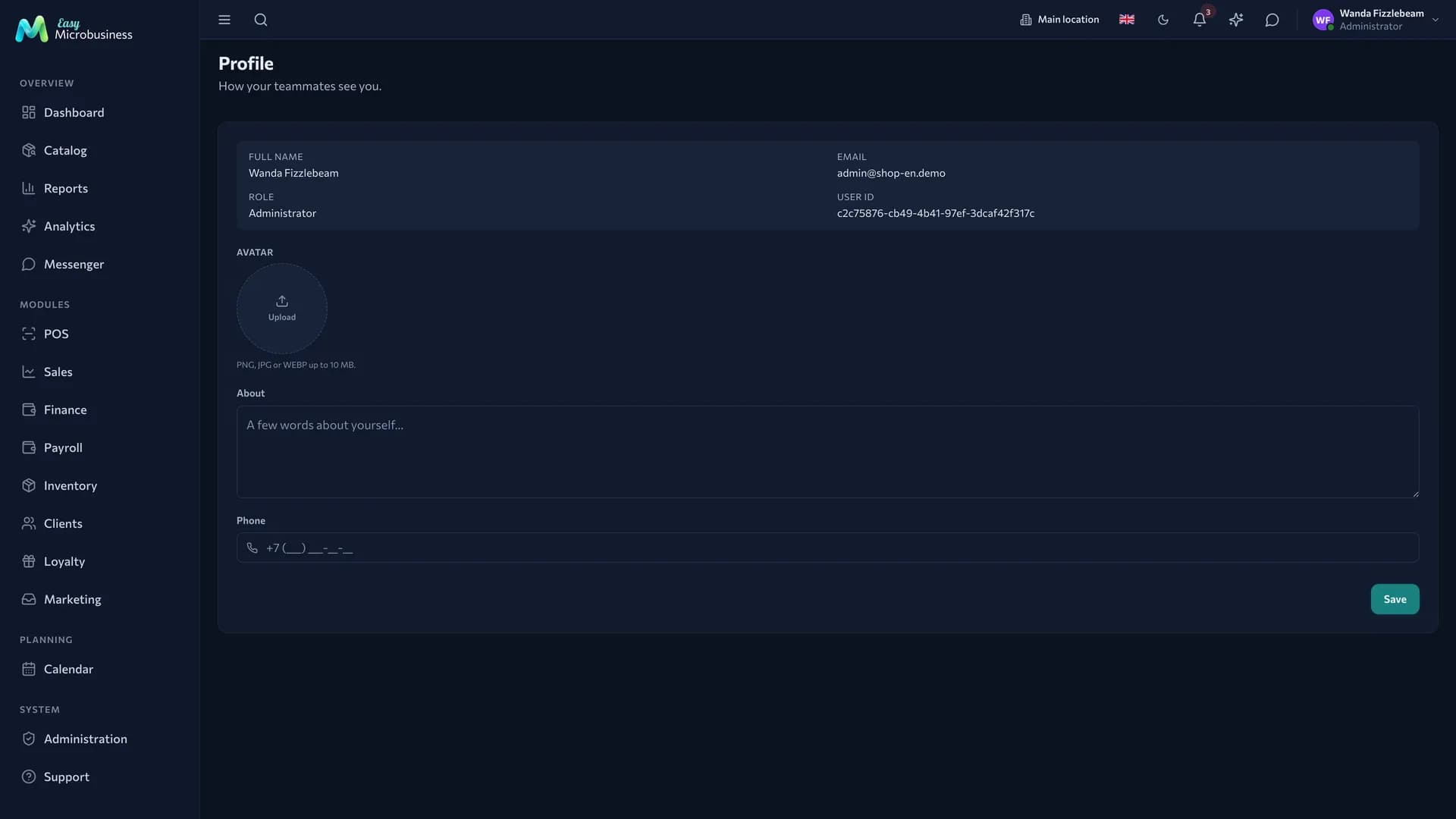 The user profile page: personal details, contacts, settings