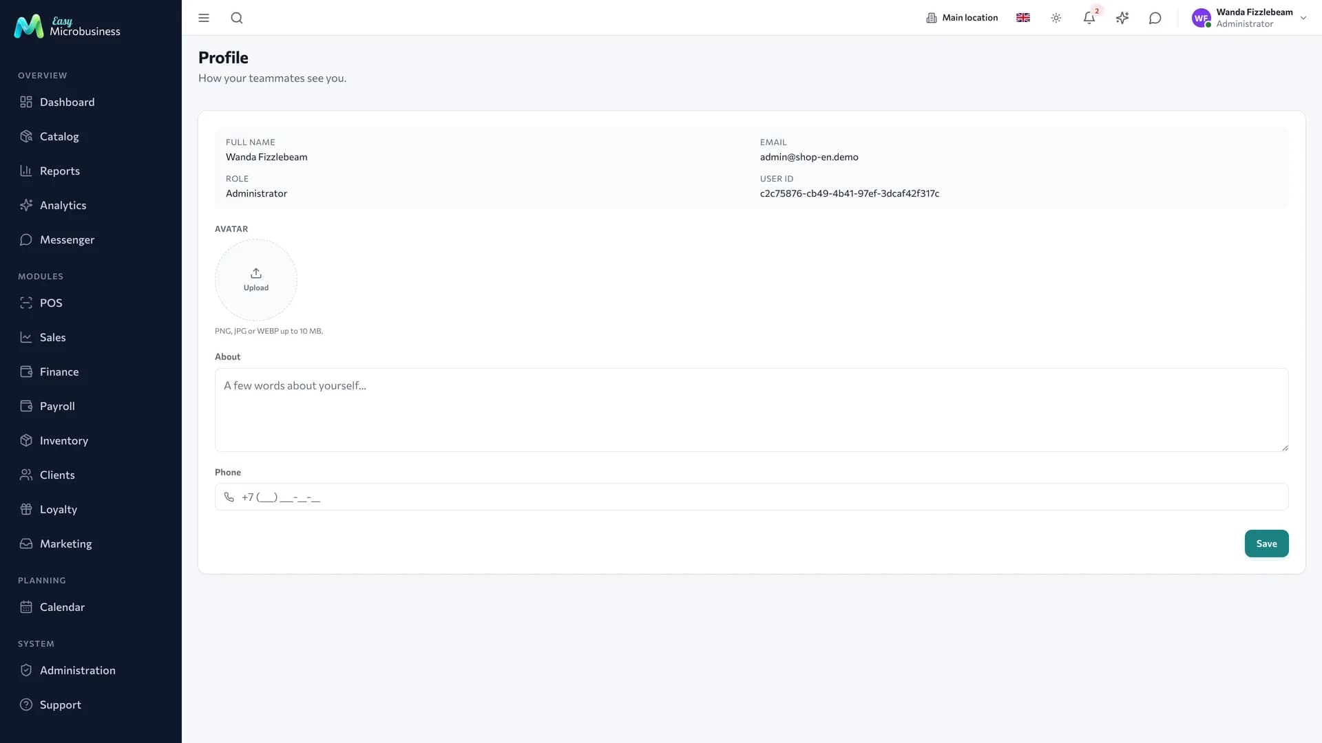 The user profile page: personal details, contacts, settings