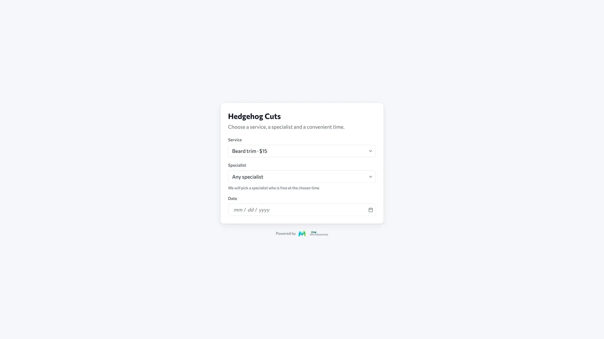 The public booking page: choosing a service, a master, a date and a free time