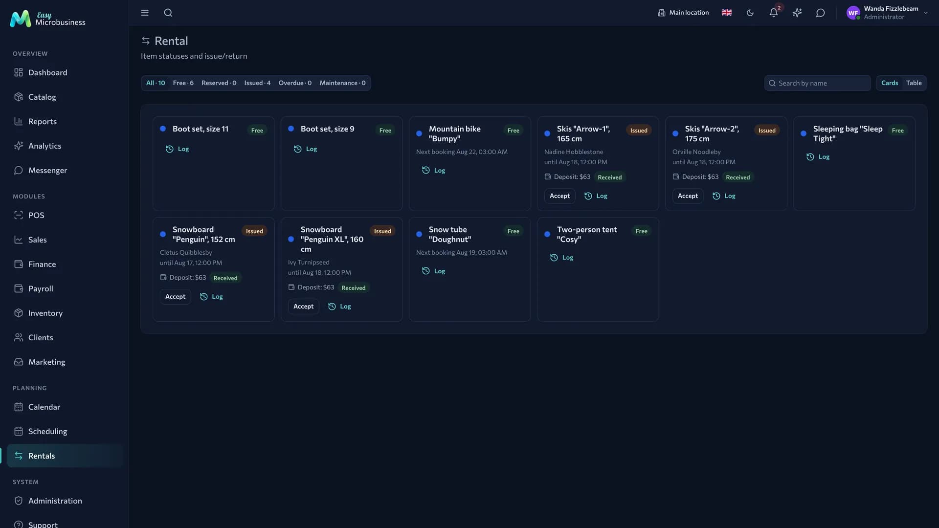 The rental section: equipment units with «free», «out», «overdue» statuses