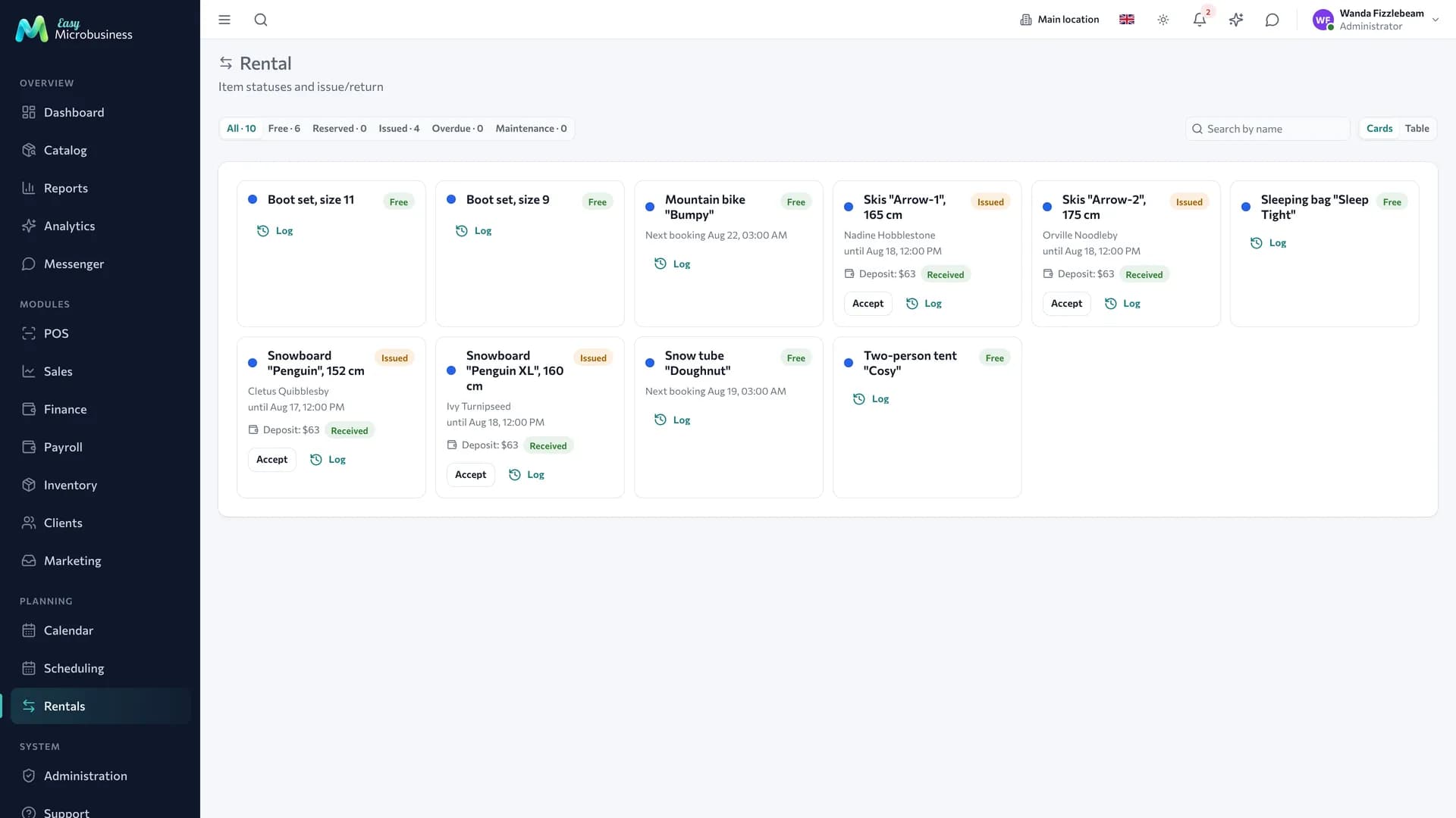 The rental section: equipment units with «free», «out», «overdue» statuses