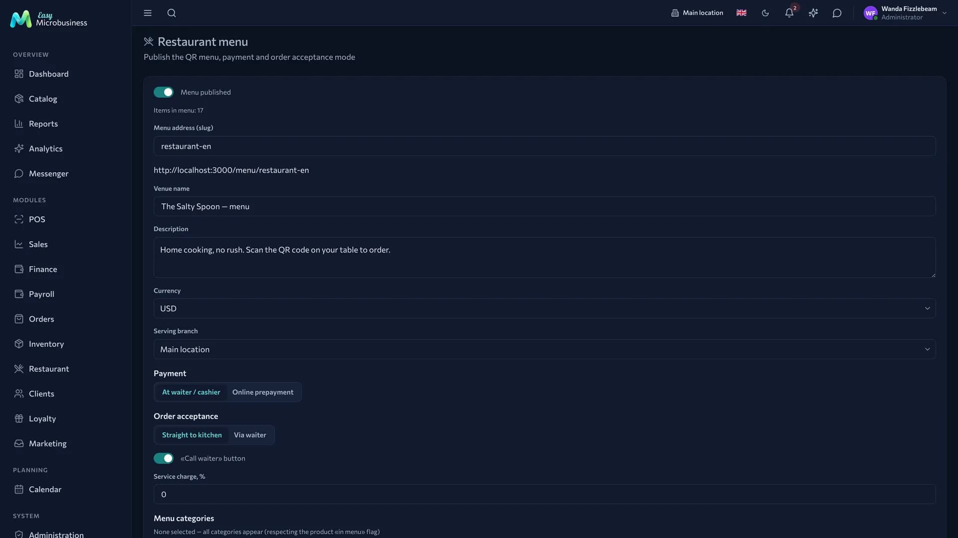 The «Restaurant menu» section: publication toggle, menu address, venue name, currency, serving branch, payment and order acceptance modes, service charge