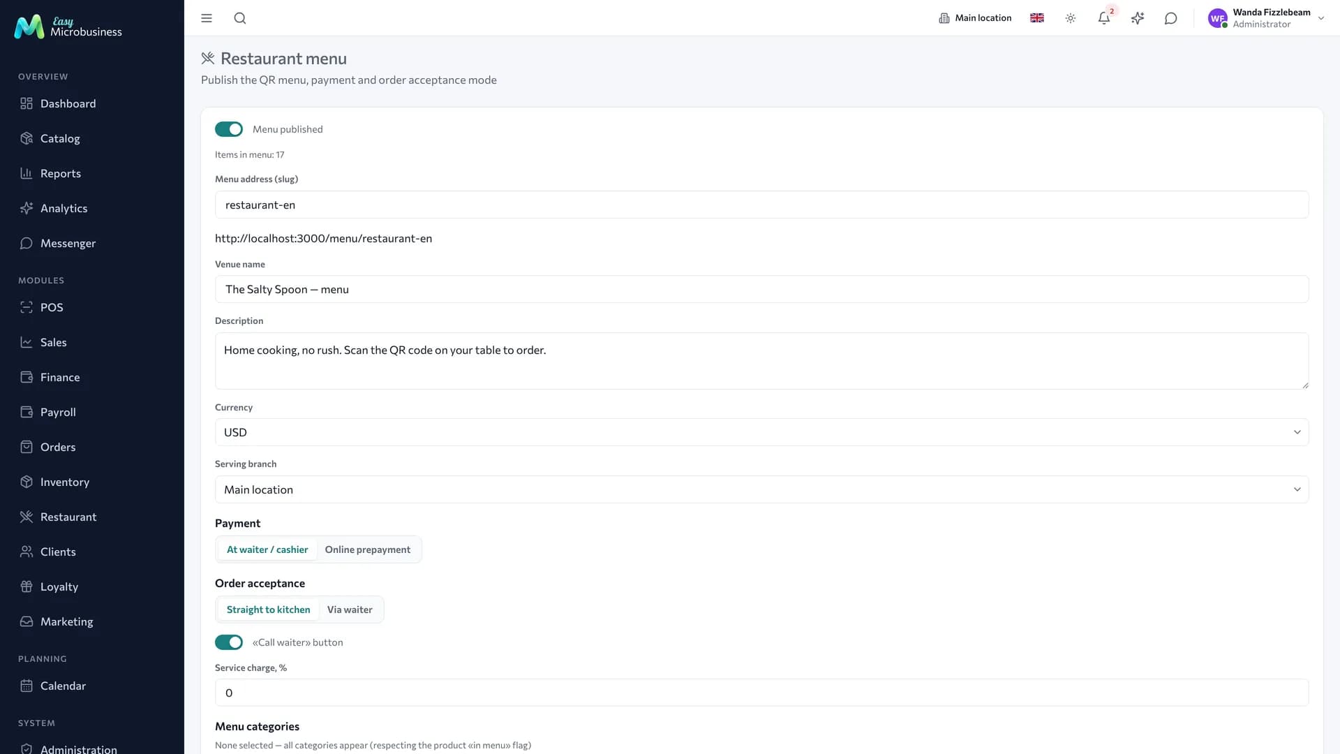 The «Restaurant menu» section: publication toggle, menu address, venue name, currency, serving branch, payment and order acceptance modes, service charge