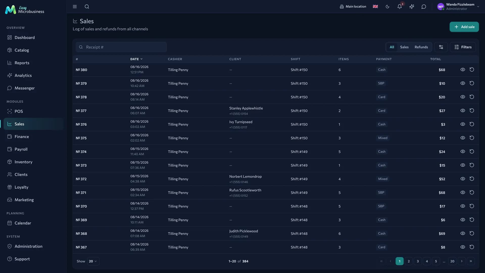The «Sales» section: a receipt log with date, cashier, amount and payment method