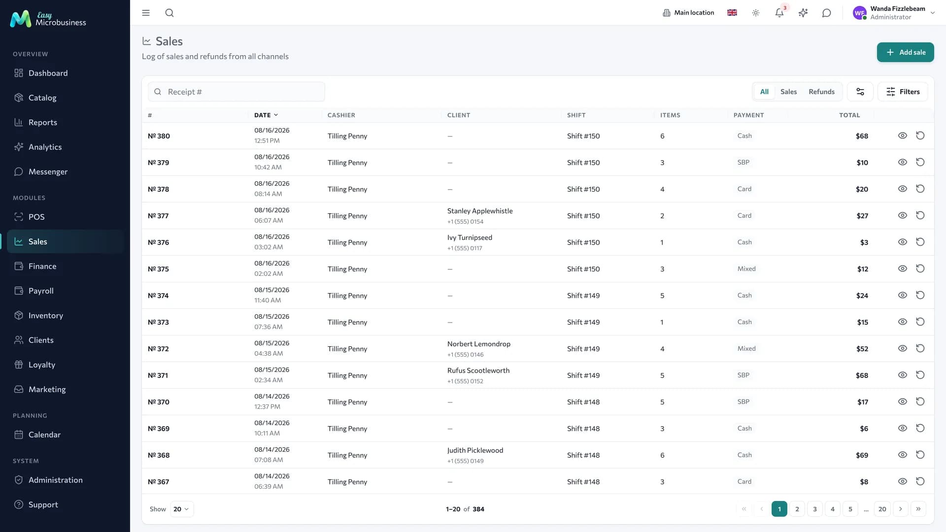 The «Sales» section: a receipt log with date, cashier, amount and payment method