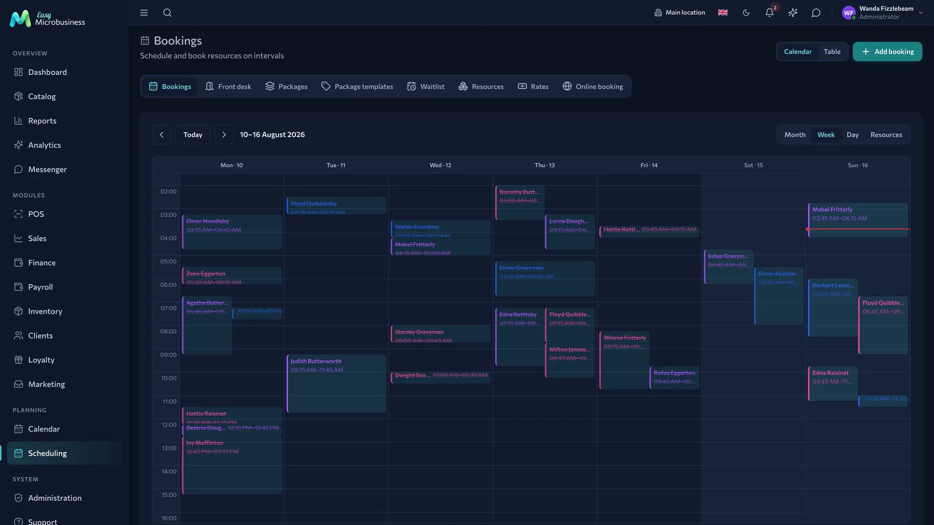 The «Scheduling» section: a grid of resources and bookings by time