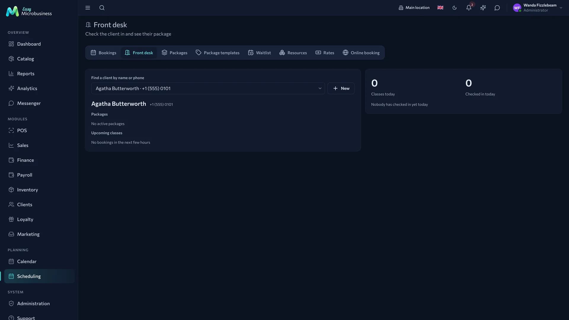 The «Front desk» screen: customer search, their package, upcoming classes and the summary of the day
