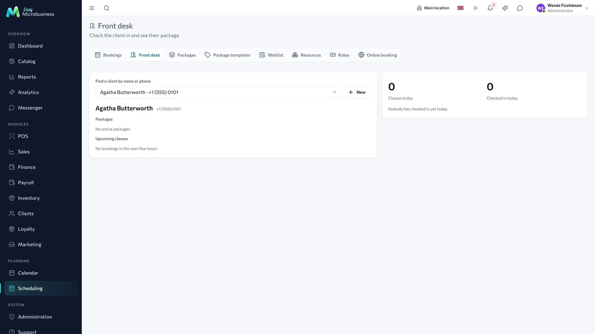 The «Front desk» screen: customer search, their package, upcoming classes and the summary of the day