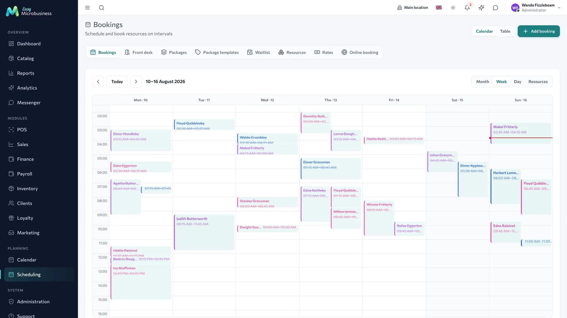The «Scheduling» section: a grid of resources and bookings by time