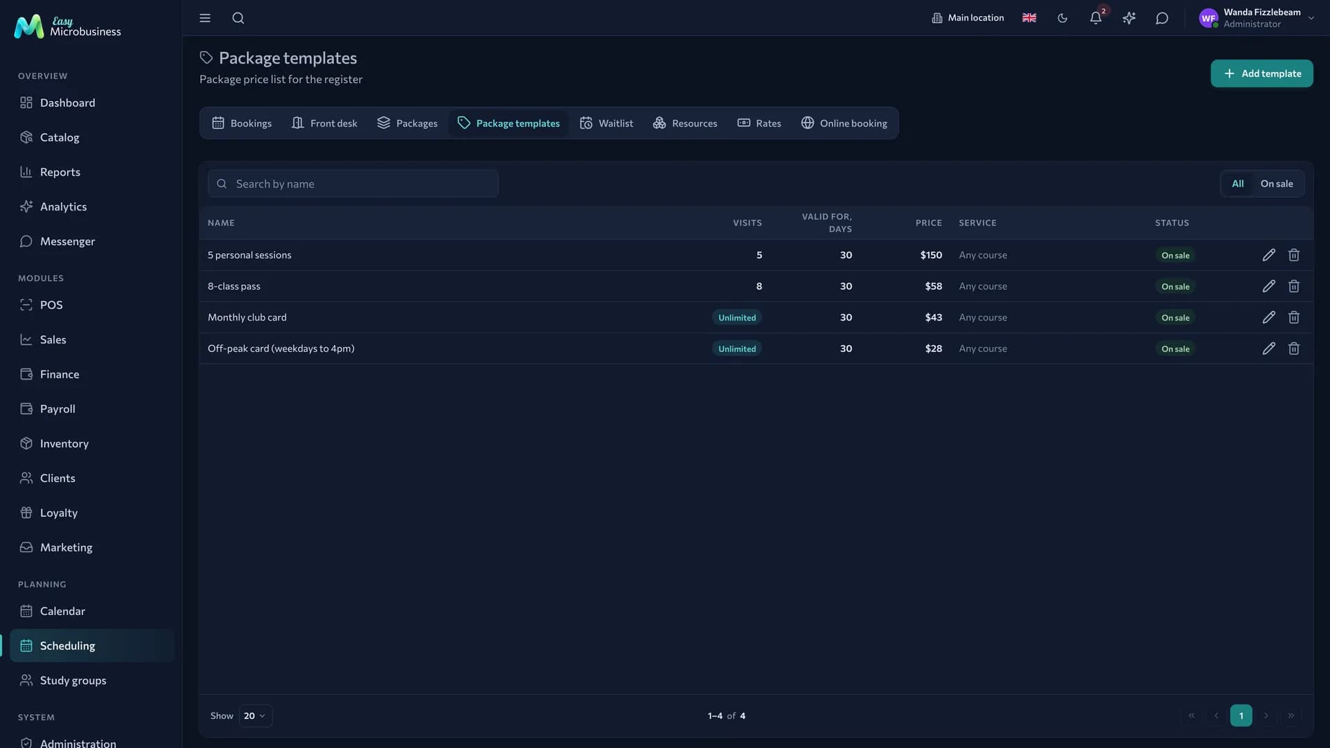 The «Package templates» section: name, number of classes, validity in days, price, service and status
