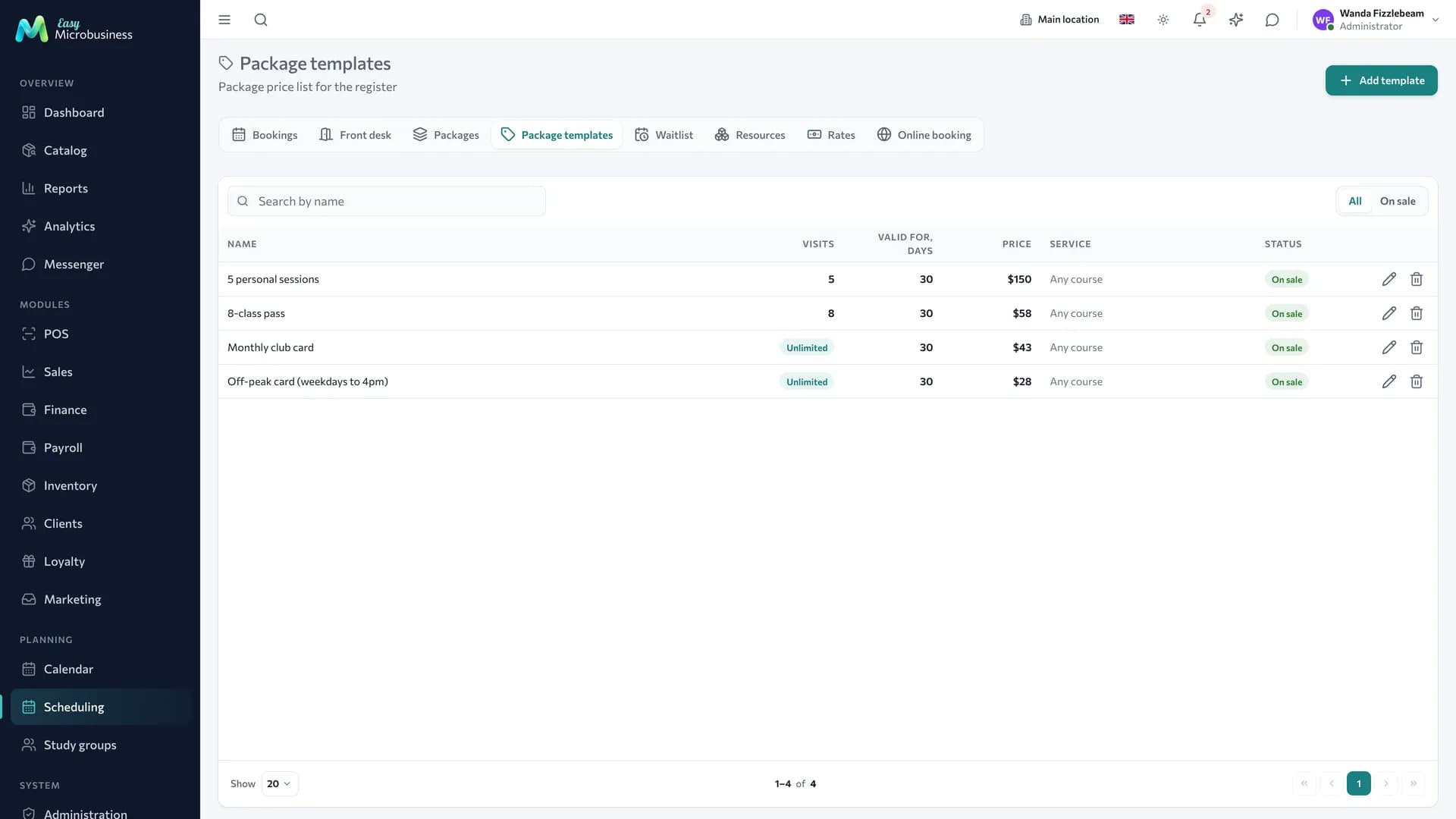 The «Package templates» section: name, number of classes, validity in days, price, service and status