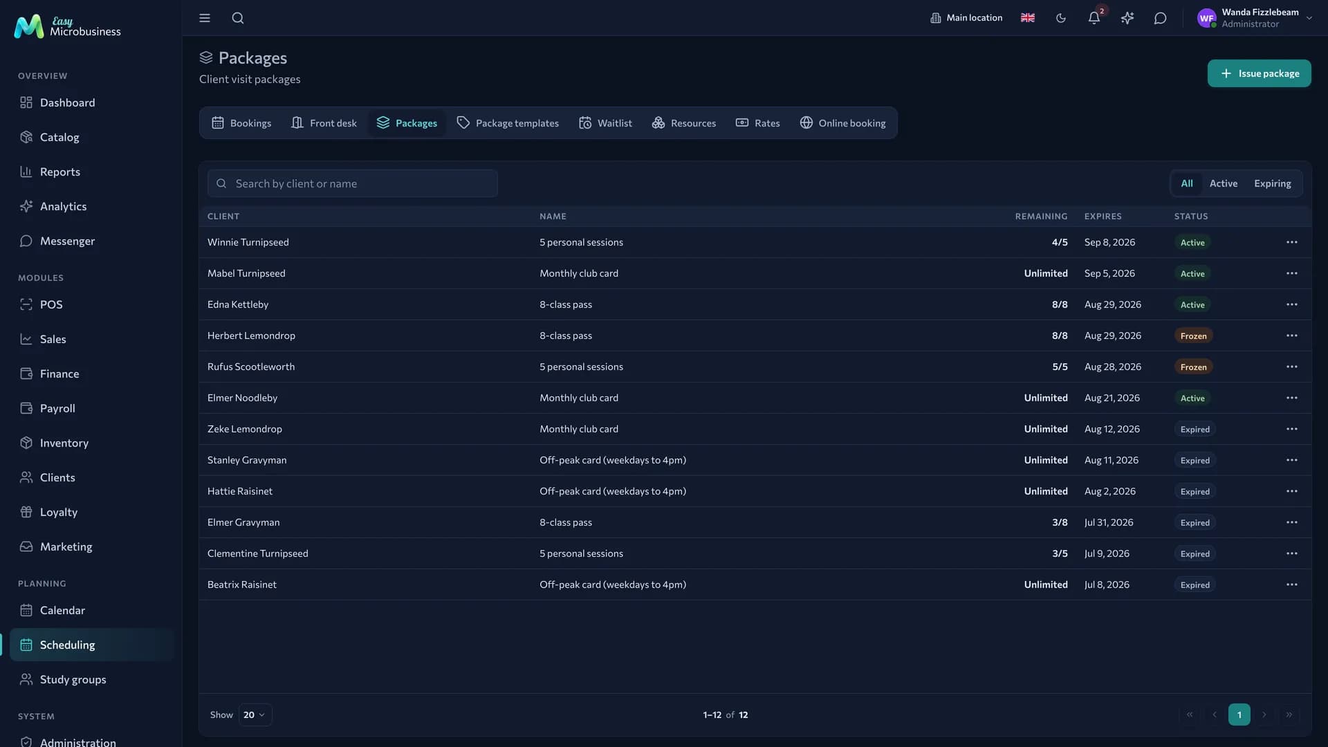 The «Packages» section: memberships showing «Unlimited» in the Balance column, with search and the All · Active · Expiring segments above