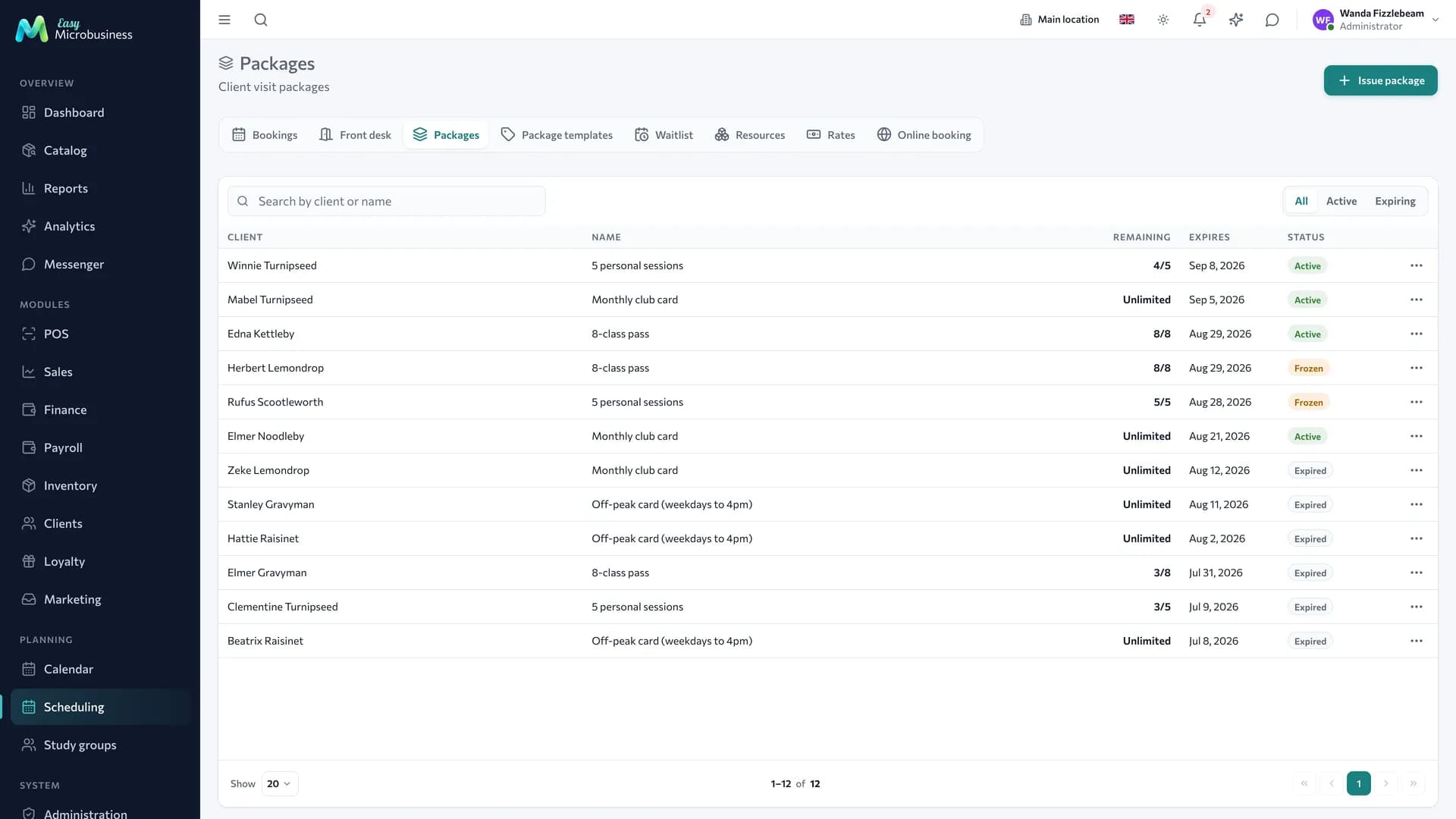 The «Packages» section: memberships showing «Unlimited» in the Balance column, with search and the All · Active · Expiring segments above