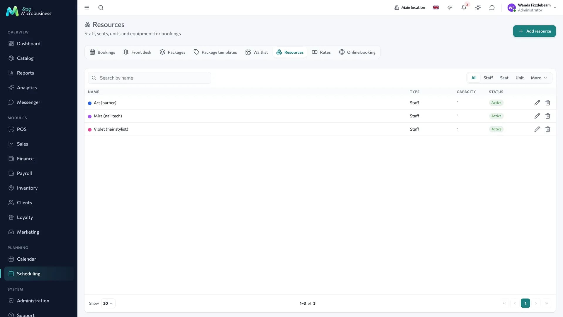 A list of resources with type, capacity and working hours