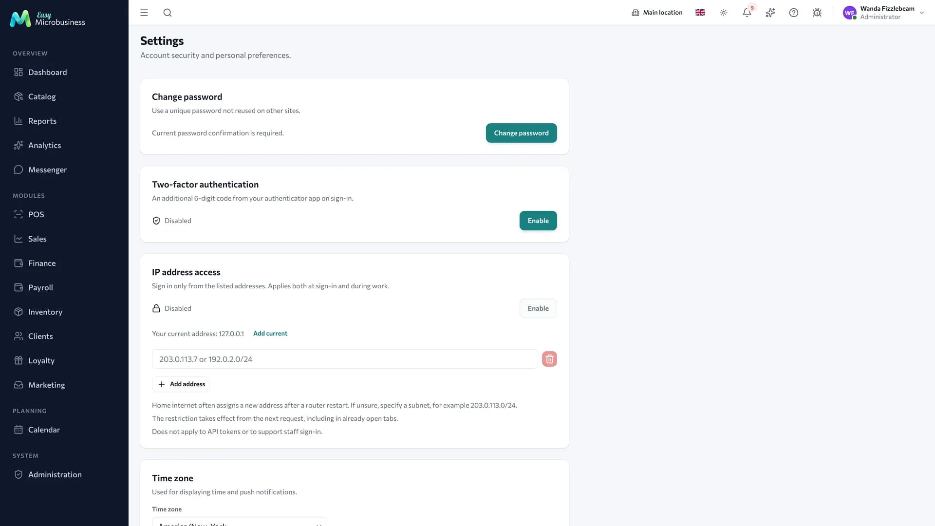 Account settings: password change, two-factor authentication, IP address access and time zone