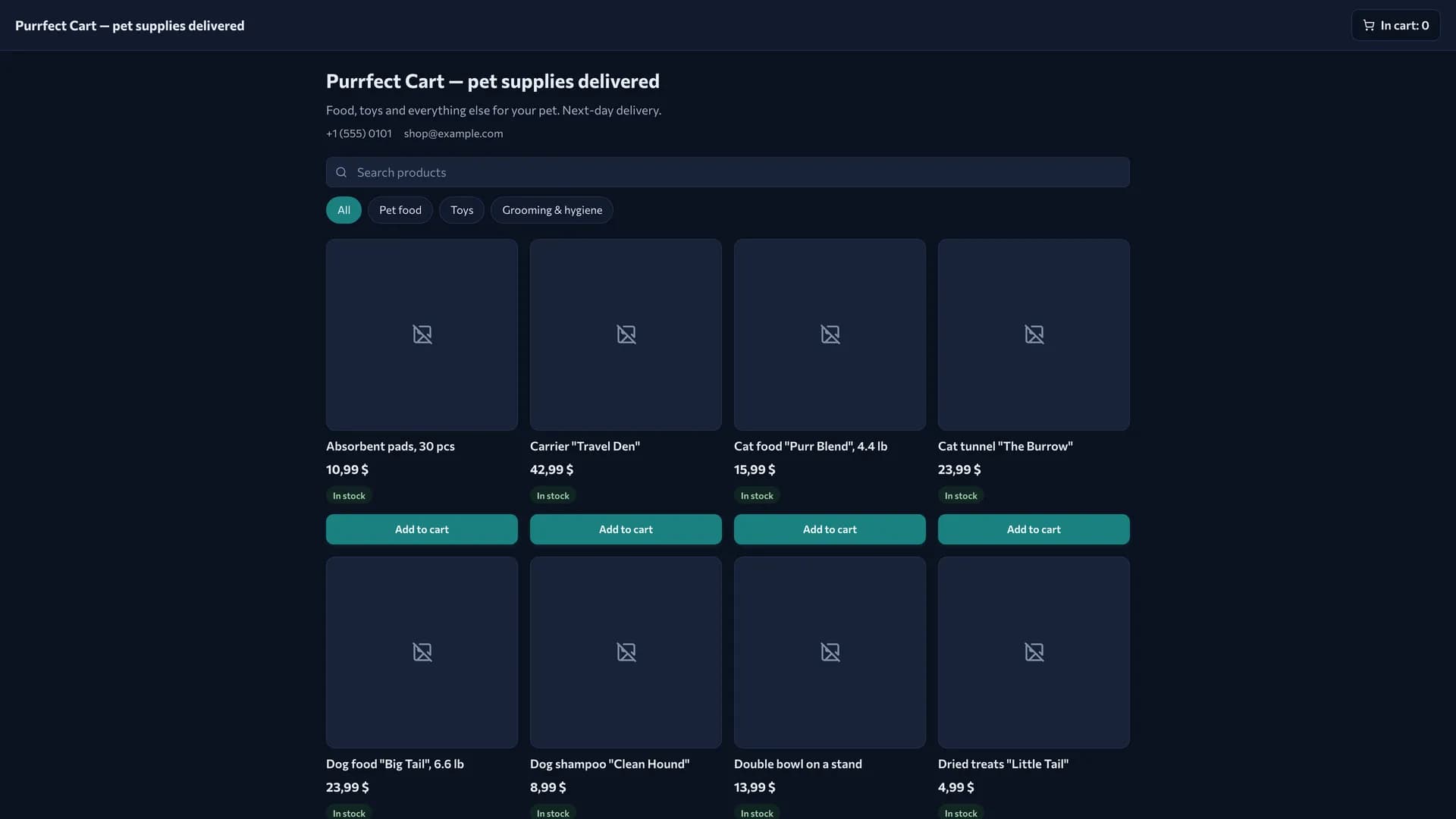The public storefront: product cards with prices, a cart, the store description and contacts