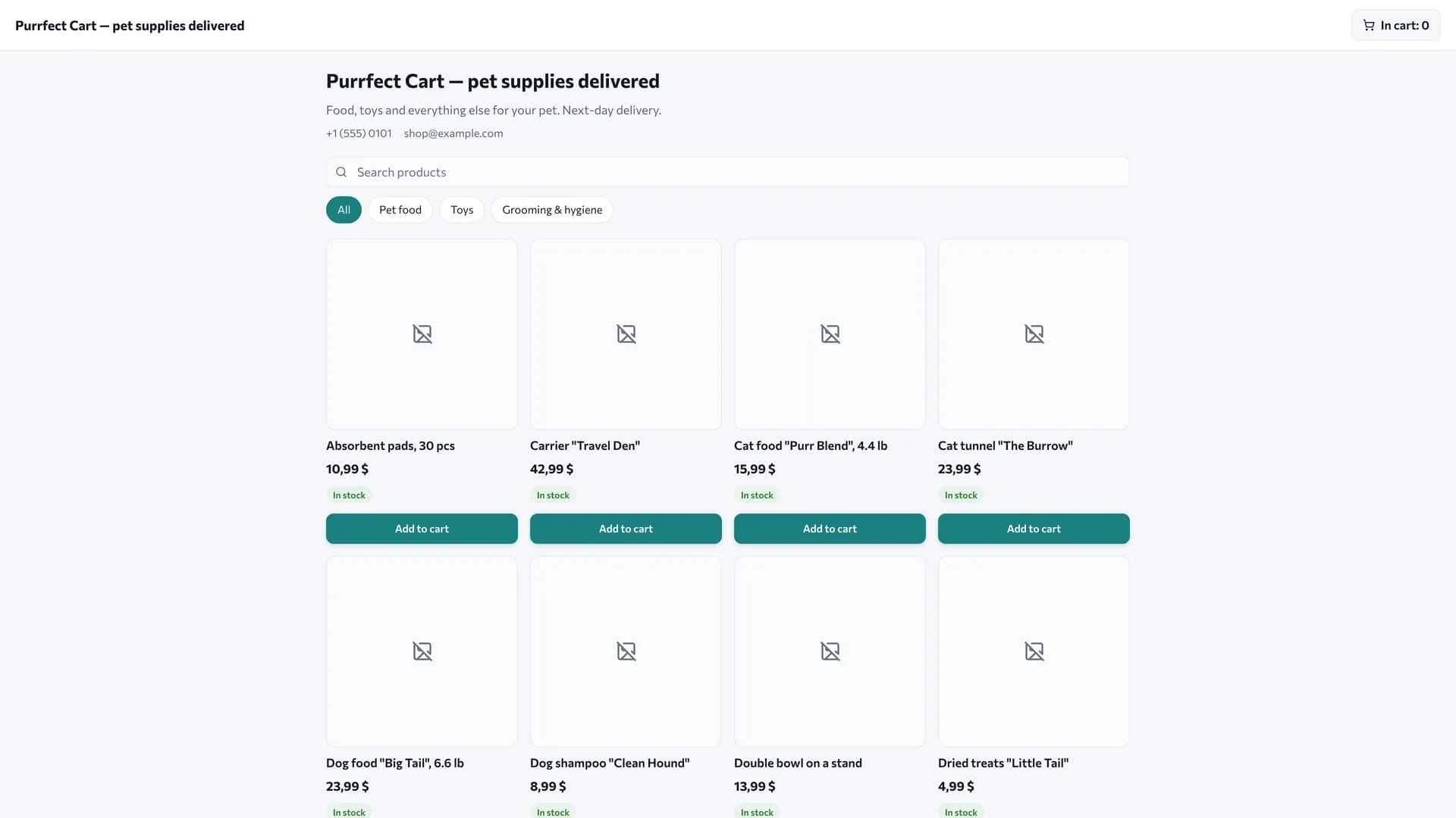 The public storefront: product cards with prices, a cart, the store description and contacts