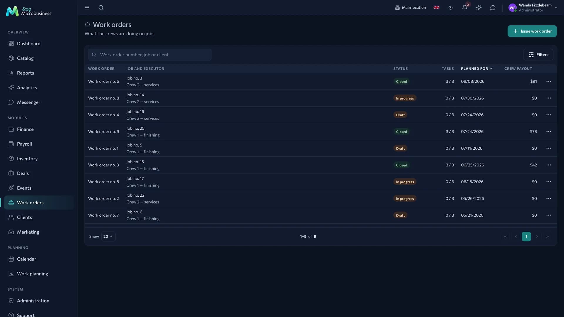 The «Work orders» section: a list with site, crew, date and amount