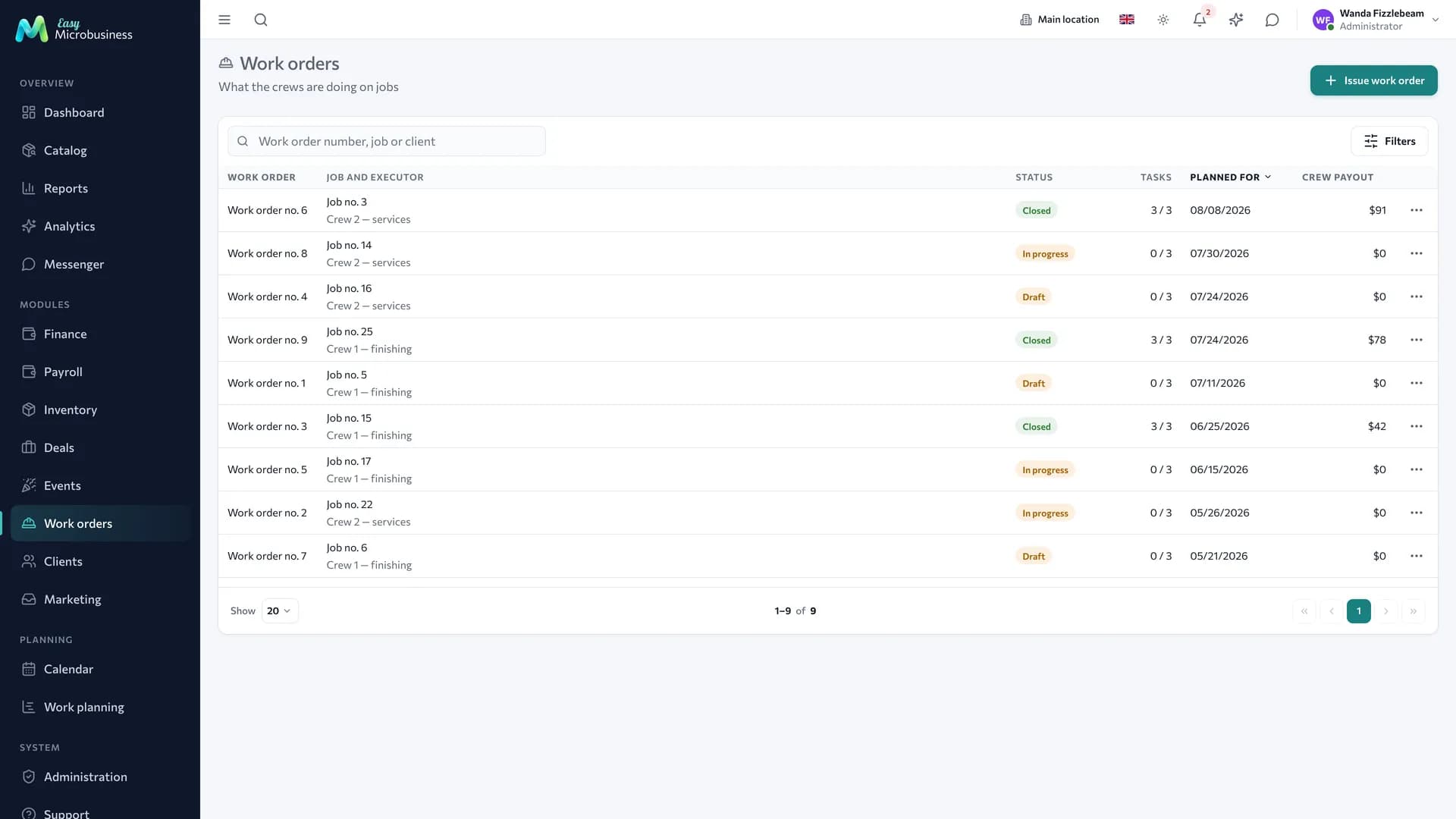 The «Work orders» section: a list with site, crew, date and amount