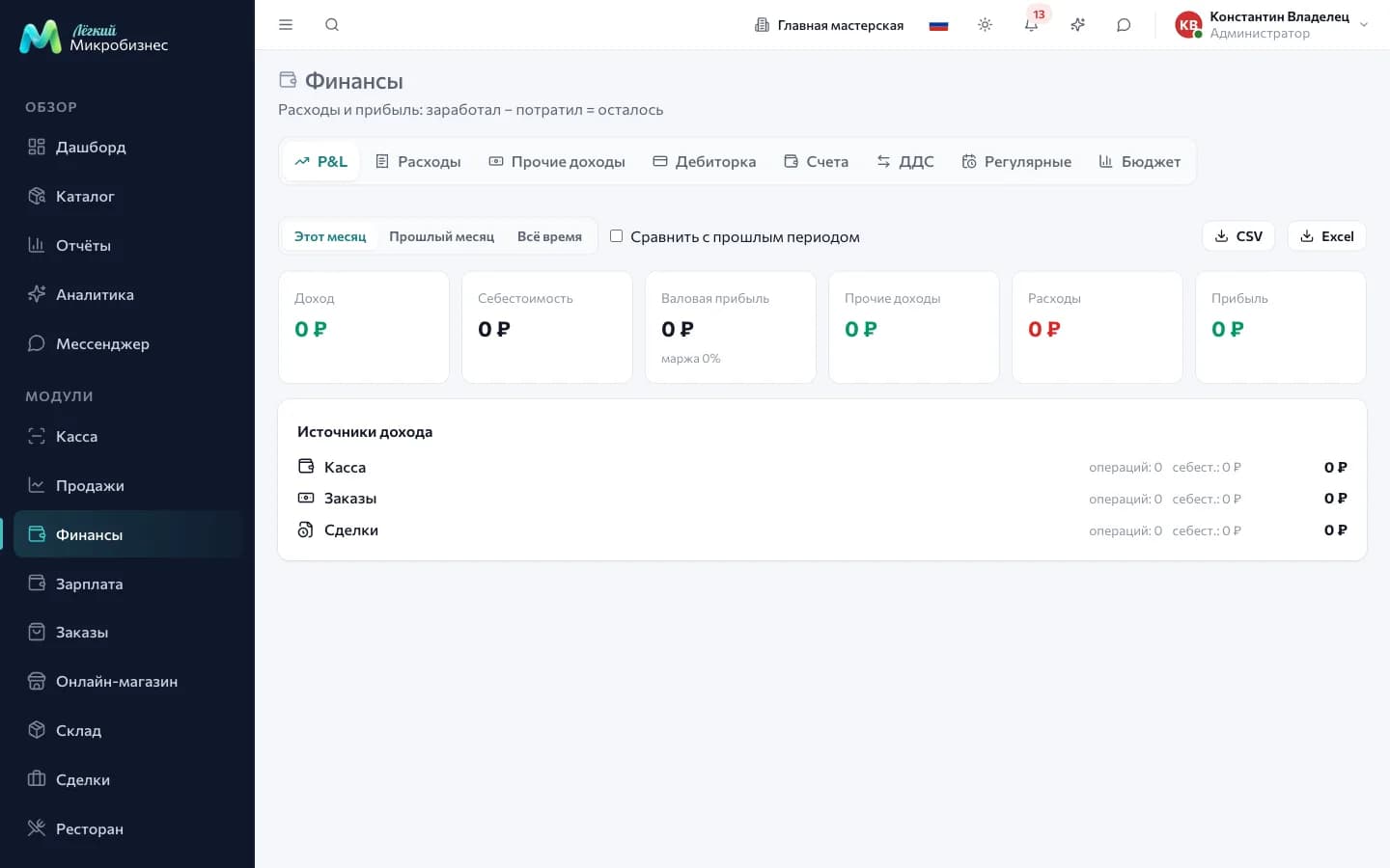 Раздел «Финансы»: доходы, расходы, прибыль и движение денег