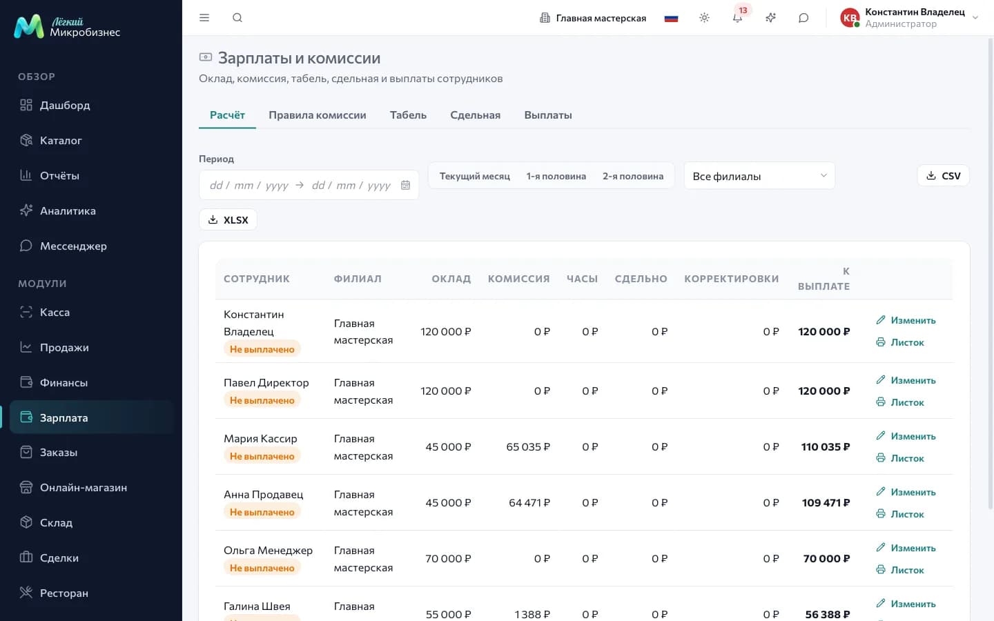Раздел «Зарплата»: сотрудники, начисления за период и суммы к выплате