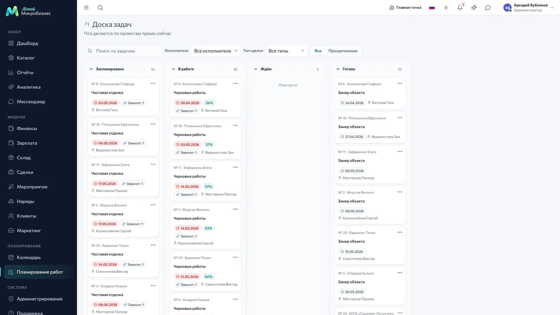 Доска задач: колонки «Запланировано», «В работе», «Ждём», «Готово» с карточками задач по сделкам