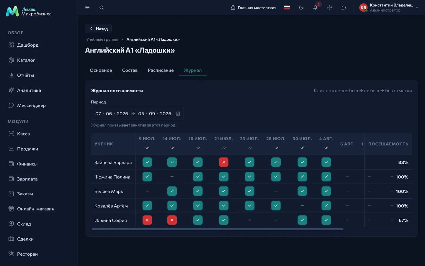 The group log: an «attendee × class» matrix with attendance marks