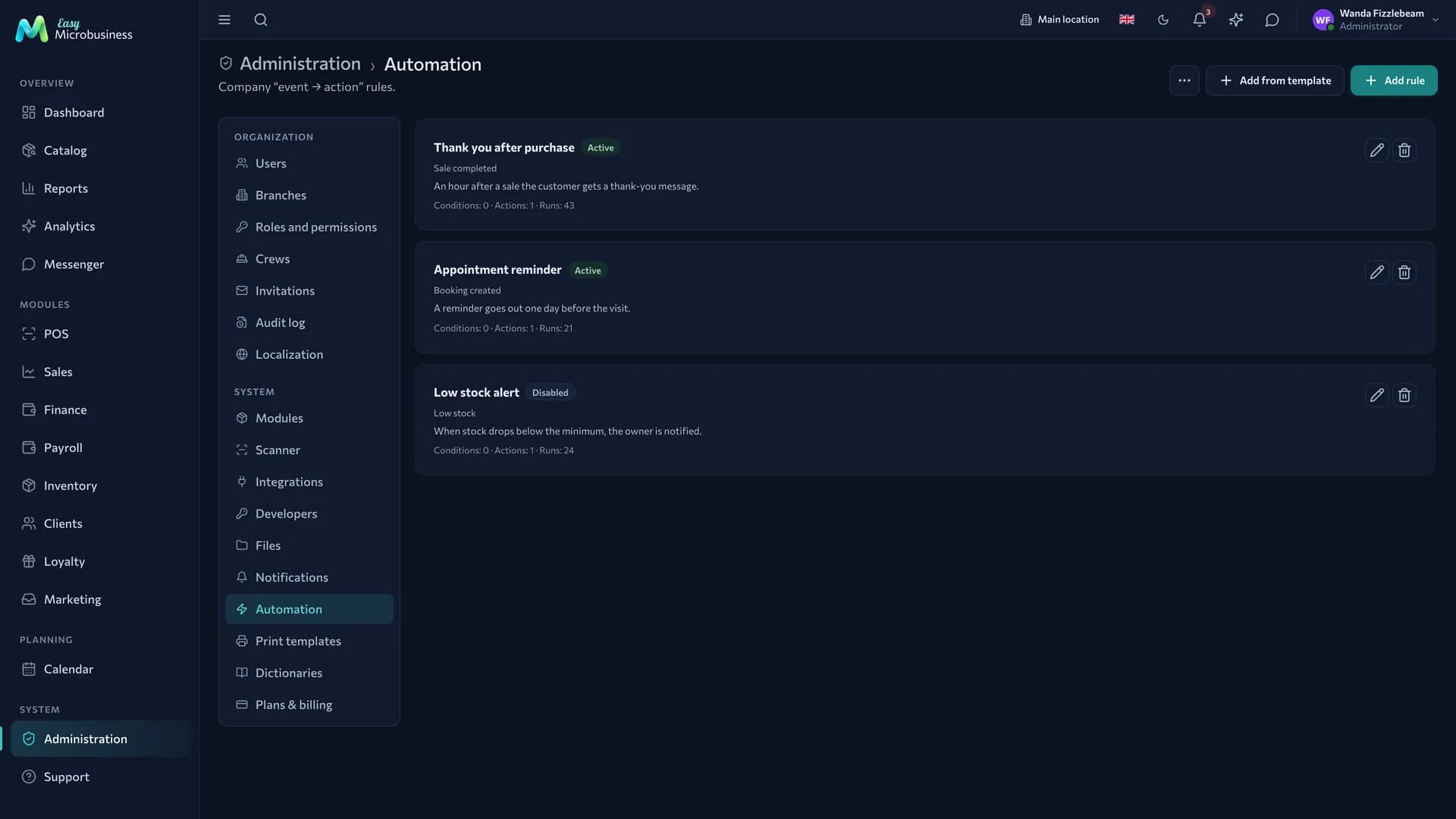 The «Automation» section: a list of scenarios with triggers, actions and an active toggle