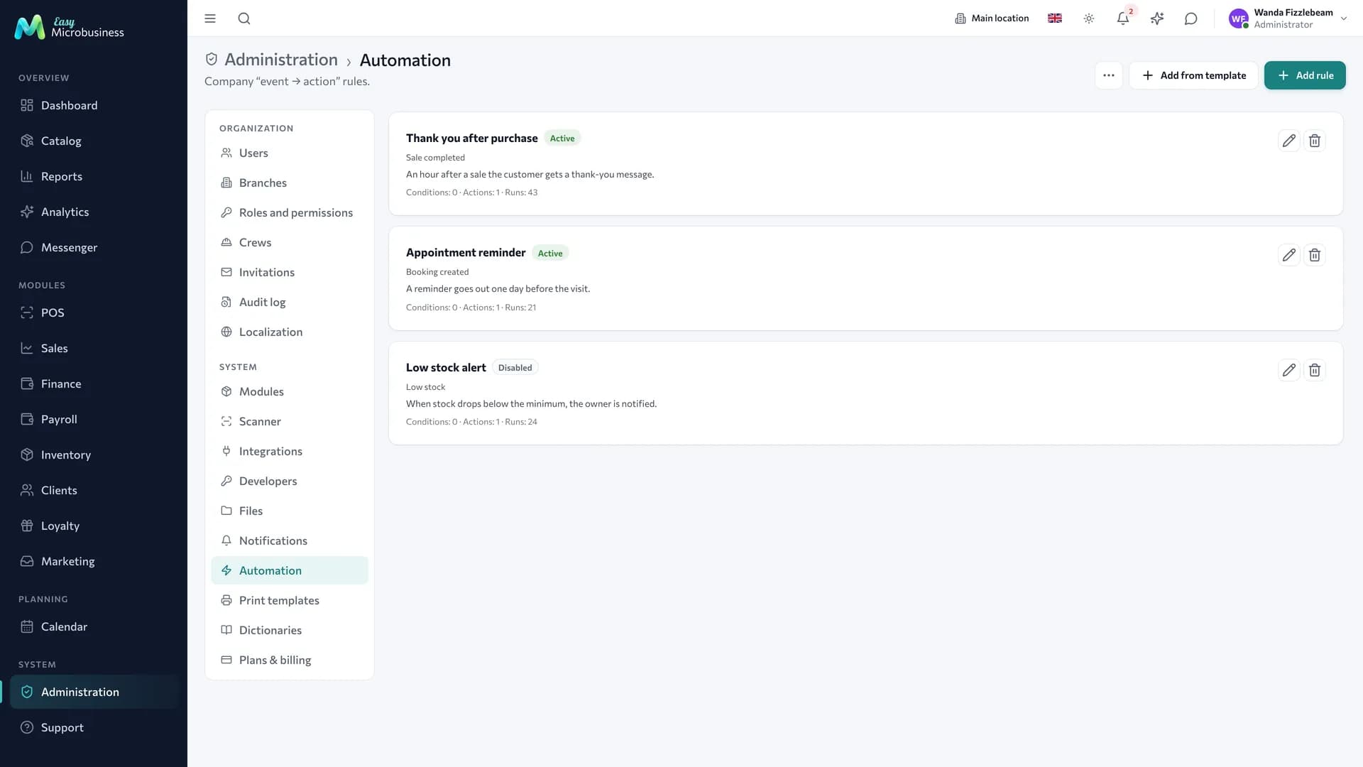 The «Automation» section: a list of scenarios with triggers, actions and an active toggle