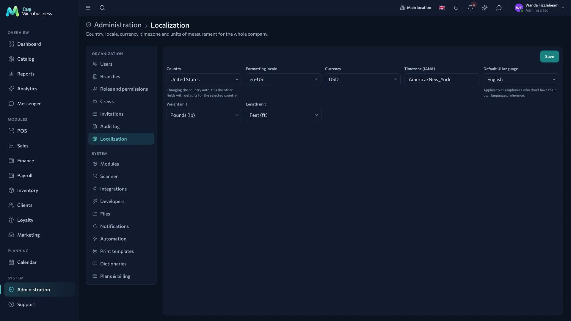 The «Localization» section: country, formatting locale, currency, time zone, interface language and units