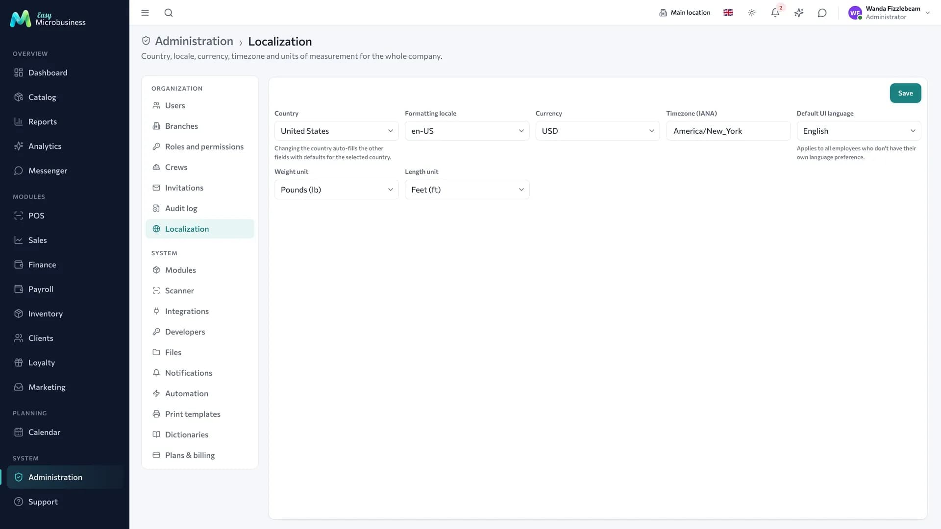 The «Localization» section: country, formatting locale, currency, time zone, interface language and units