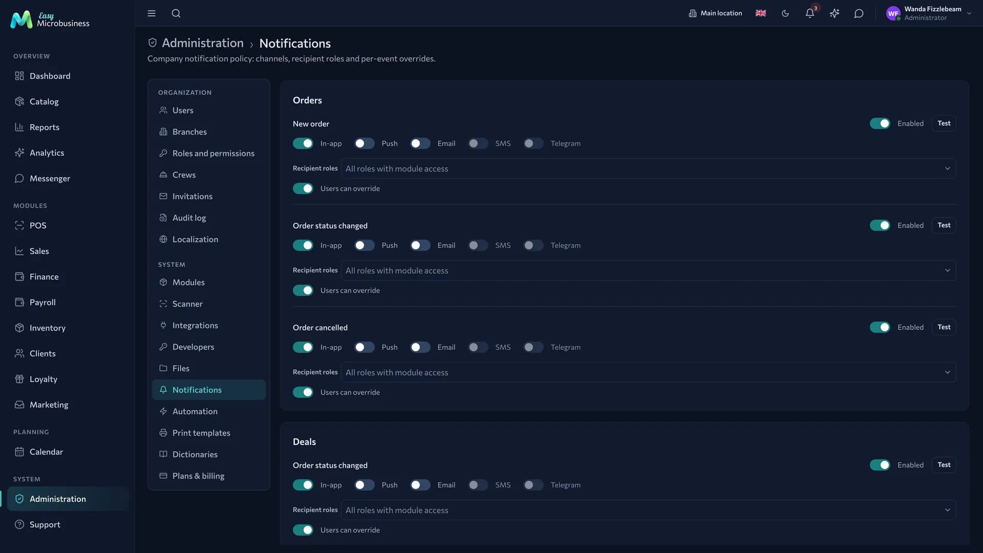 The «Notifications» section: events by section, channel toggles for in-app, push, email, SMS and Telegram, and recipient roles
