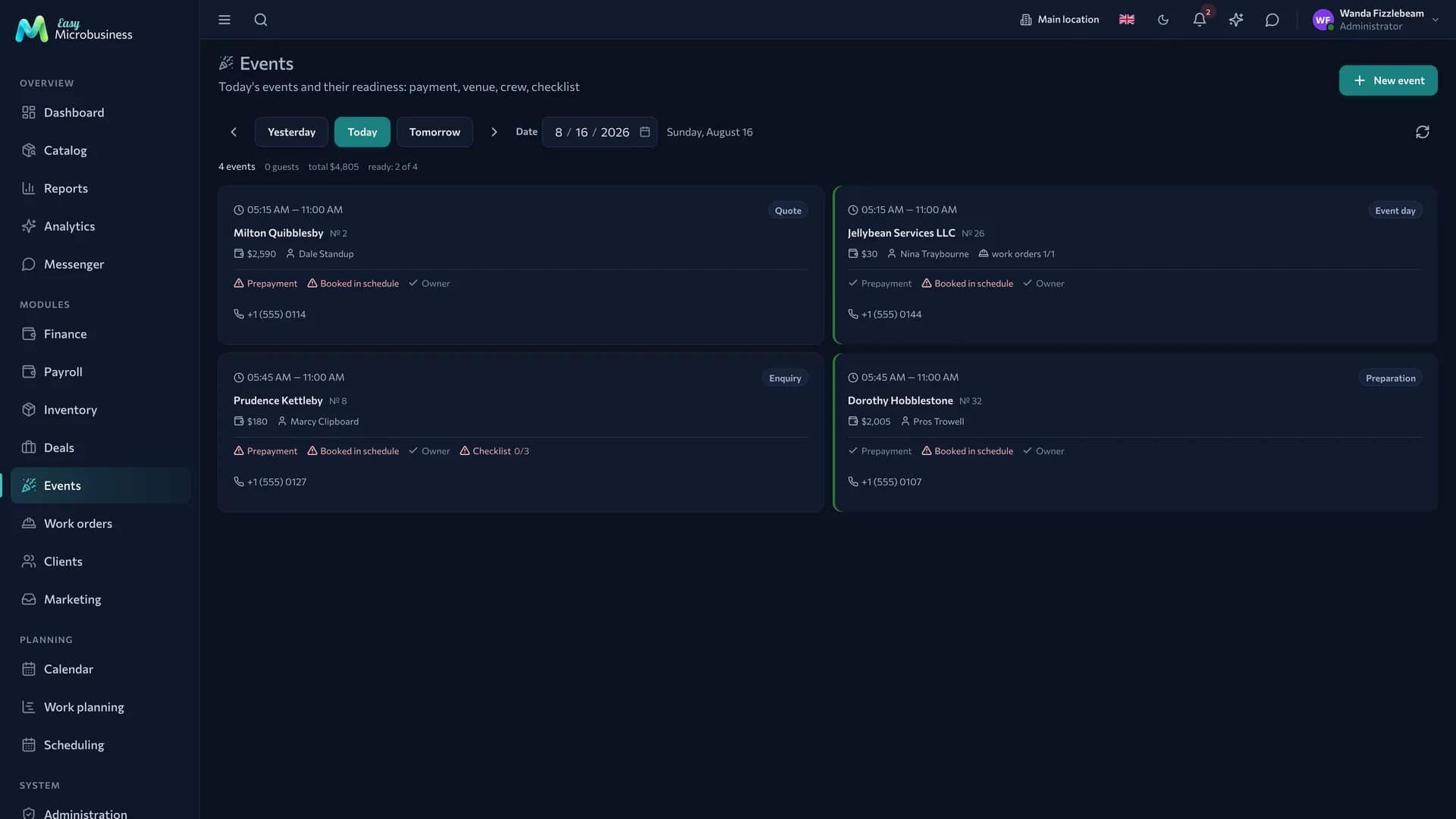 The «Events» section: the summary of the day and event cards with time, venue, guest count and a readiness row
