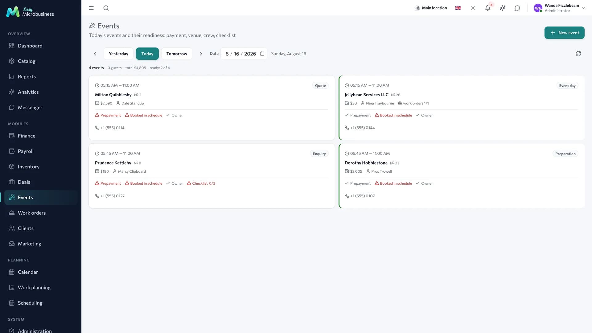 The «Events» section: the summary of the day and event cards with time, venue, guest count and a readiness row